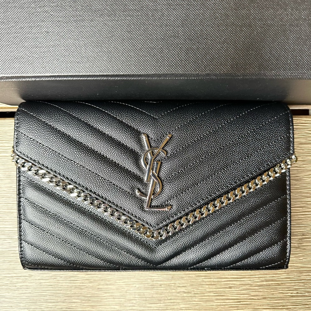 Saint Laurent Black Leather Monogram Chain Wallet
